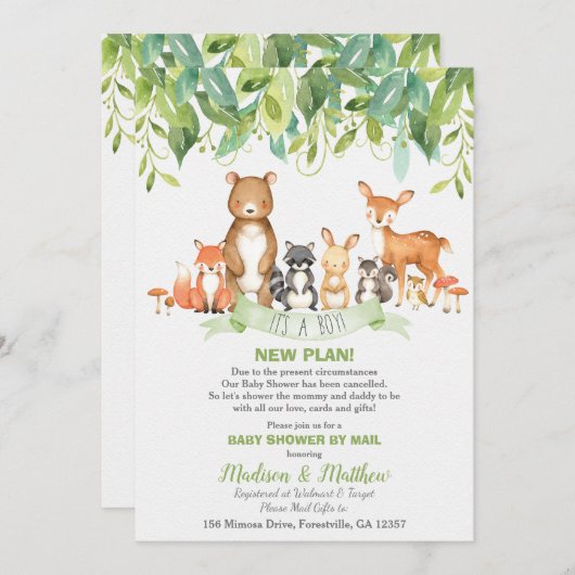 Woodland Animals Baby Shower von Mail Greenery Boy Einladung (Vorne/Hinten)