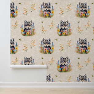 Woodland Animals Baby Wolf Cub Floral Creme Tapete