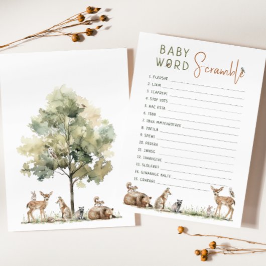 Woodland Animals Baby Word Scramble Game Card Einladung