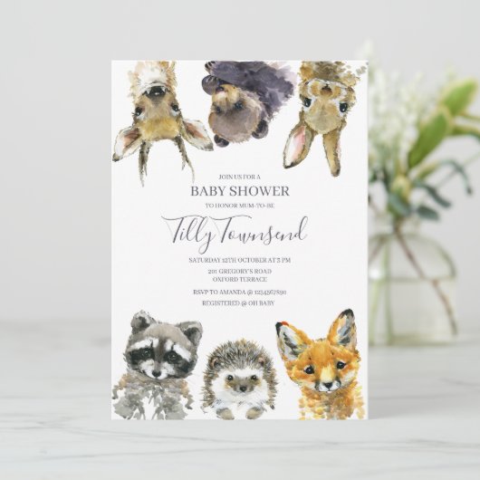 Woodland Animals Babydusche Einladung (Stehend Vorderseite)