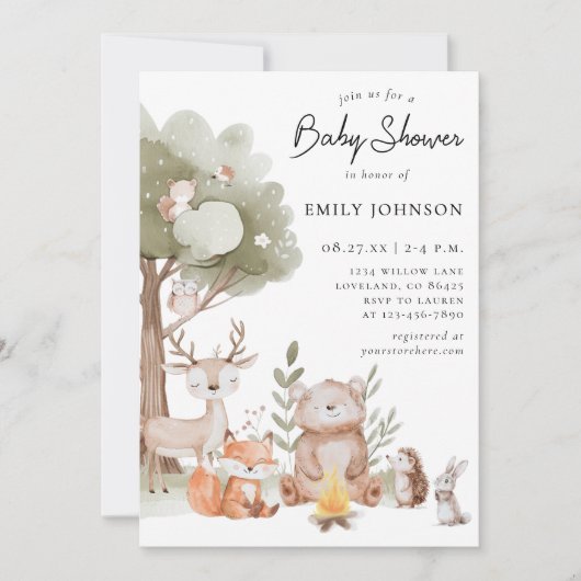 Woodland Animals Babydusche Einladung (Vorderseite)