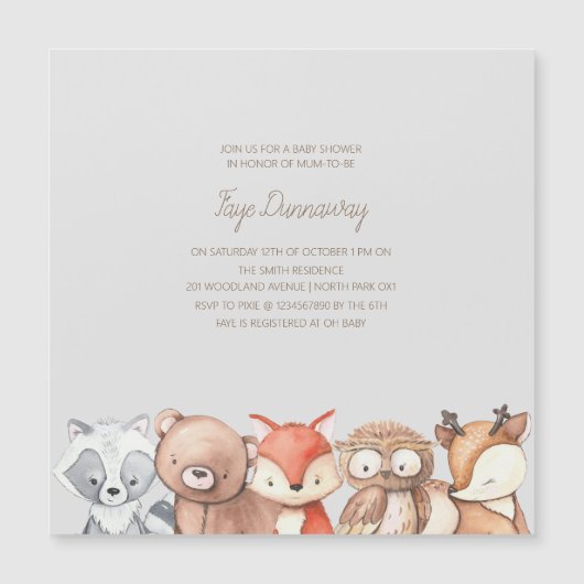 Woodland Animals Babydusche Magneteinladung (Vorderseite)