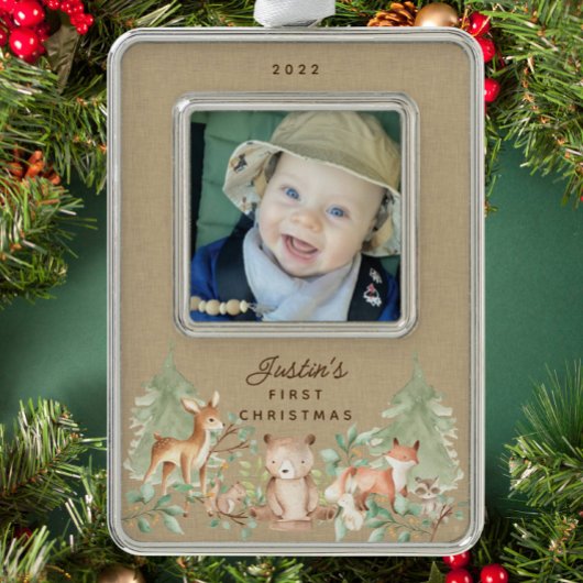 Woodland Animals Baby's First Rahmen-Ornament Silber