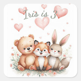 Woodland Animals Bear Fox Bunny Pink Hearts Girl   Quadratischer Aufkleber