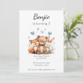 Woodland Animals Birthday Bear Fox Bunny Boy Blue  Einladung (Stehend Vorderseite)
