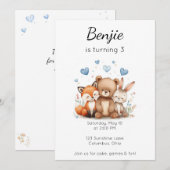 Woodland Animals Birthday Bear Fox Bunny Boy Blue  Einladung (Vorne/Hinten)