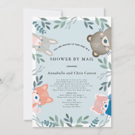 Woodland Animals Blue Boy Baby Dusche von Mail Einladung (Vorderseite)