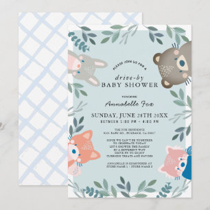 Woodland Animals Blue Boy Drive-by Baby Shower Einladung