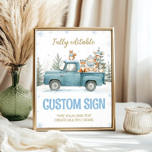 Woodland Animals Blue Winter Birthday Custom Sign Poster