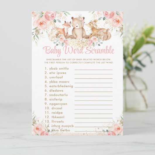 Woodland Animals Blush Bloral Baby Word Scramble Einladung (Stehend Vorderseite)
