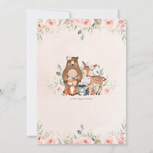 Woodland Animals Blush Floral Girl Baby Dusche Einladung (Rückseite)