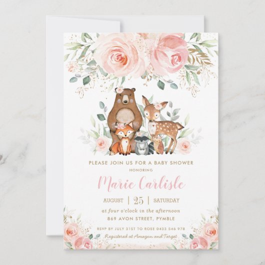 Woodland Animals Blush Floral Girl Baby Dusche Einladung (Vorderseite)