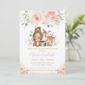Woodland Animals Blush Floral Girl Baby Dusche Einladung (Stehend Vorderseite)