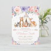 Woodland Animals Blush Lilac Floral Baby Dusche Einladung (Stehend Vorderseite)