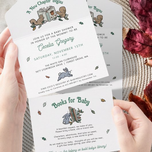 Woodland Animals Bücher für Babydusche All In One Einladung