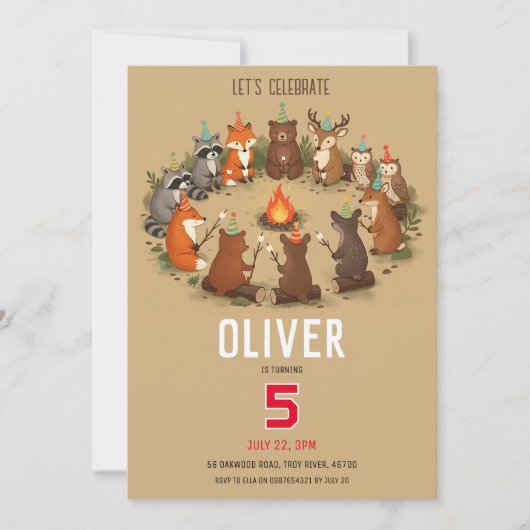 Woodland Animals Campfire Birthday Party Einladung (Vorderseite)