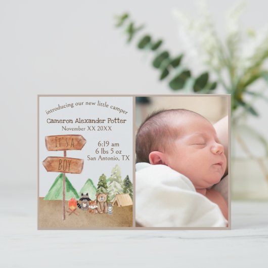 Woodland Animals Camping Custom New Baby Foto Karte (Stehend Vorderseite)