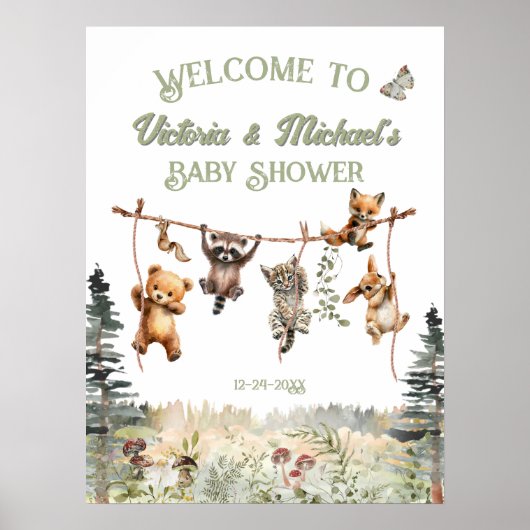 Woodland Animals Clothesline Baby Dusche Willkomme Poster (Vorne)