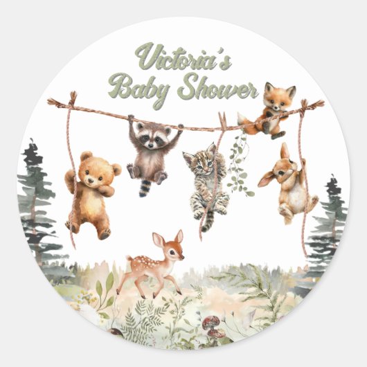 Woodland Animals Clothesline Forest Baby Dusche Runder Aufkleber (Vorderseite)