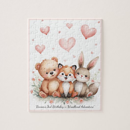 Woodland Animals Cute Bear Fox Bunny Pink Hearts Puzzle (Vertikal)