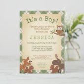 Woodland Animals Es ist ein Junge! Kariert Einladung (Stehend Vorderseite)