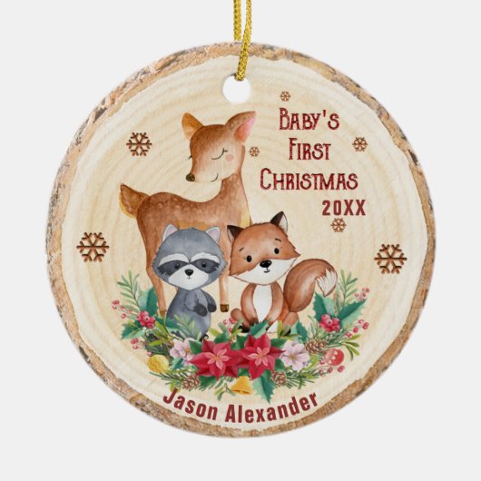 Woodland Animals First Christmas Personalized Keramik Ornament (Vorne)