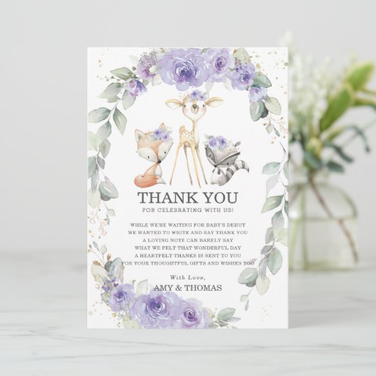 Woodland Animals Floral Baby Dusche Danke Karte (Stehend Vorderseite)