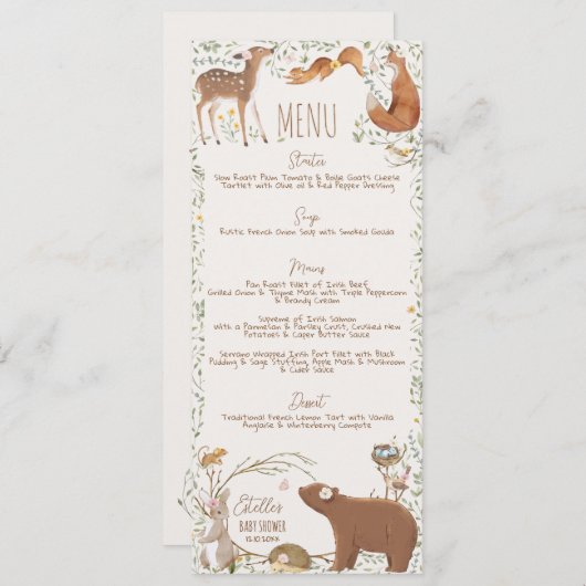 Woodland Animals Forest Friends Baby Showmenü Menükarte (Vorne/Hinten)