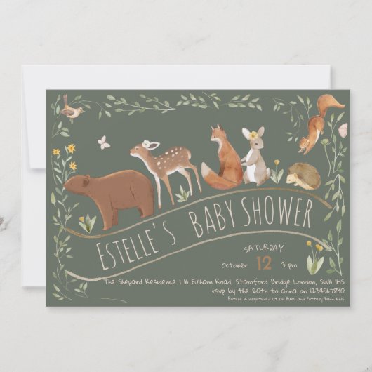 Woodland Animals Forest Friends Kinderdusche Einladung (Vorderseite)