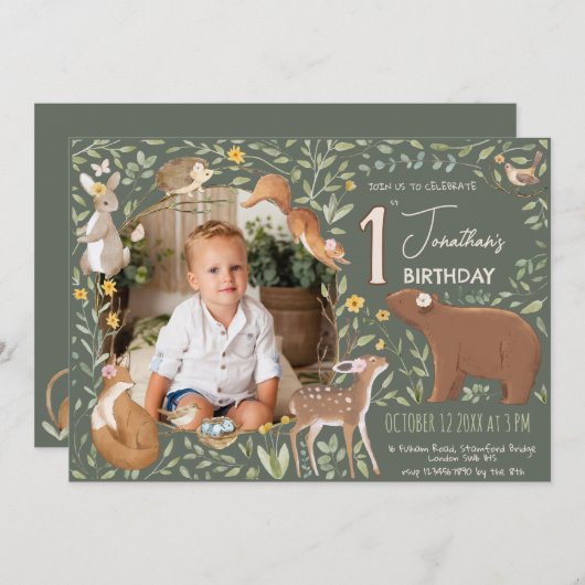 Woodland Animals Forest Friends Kinderdusche Einladung (Vorne/Hinten)