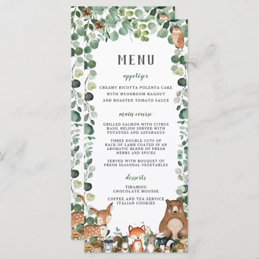 Woodland Animals Greenerity Baby Shower Party Menü Programm (Vorne/Hinten)