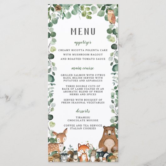Woodland Animals Greenerity Baby Shower Party Menü Programm (Vorderseite)