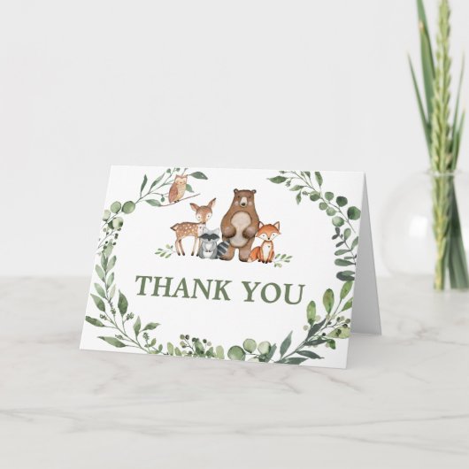 Woodland Animals Greenery Baby Shower Dankeskarte (Vorderseite)