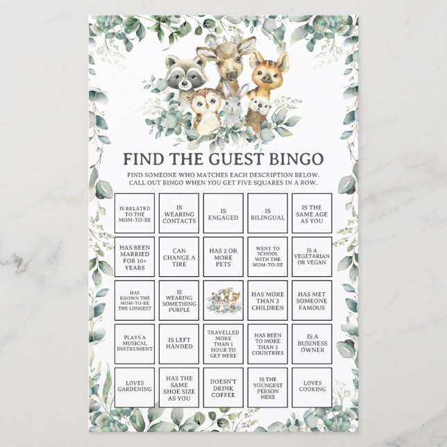 Woodland Animals Greenery Find the Guest Bingo (Vorderseite)