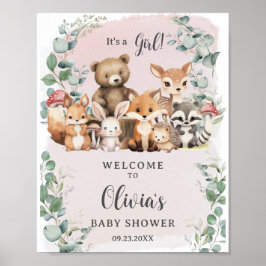 Woodland Animals Greenery Girl Baby Dusche Willkom Poster
