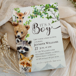 Woodland Animals Greenery It’s a Boy Baby Shower Einladung