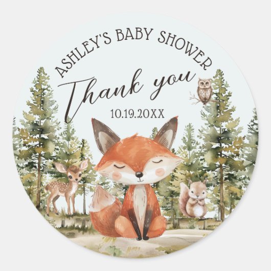 Woodland Animals Kinderdusche Danke Runder Aufkleber (Vorderseite)