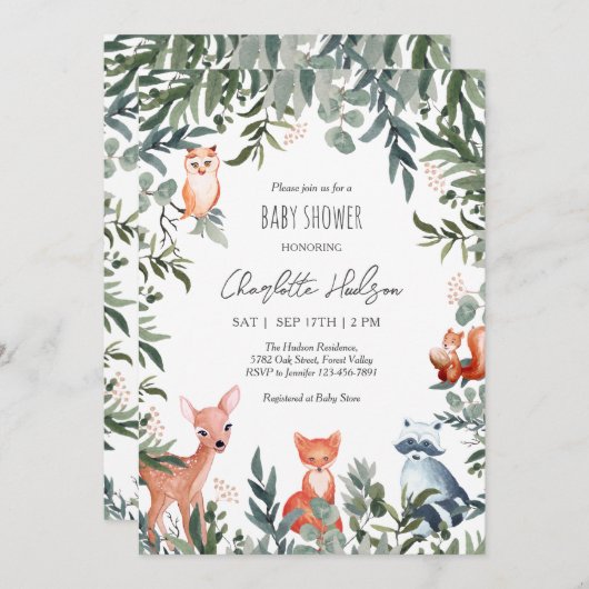 Woodland Animals Kinderdusche Einladung (Vorne/Hinten)