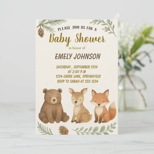 Woodland Animals Kinderdusche Einladung (Stehend Vorderseite)
