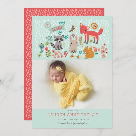 Woodland Animals New Baby Birth Ankündigung (Vorne/Hinten)