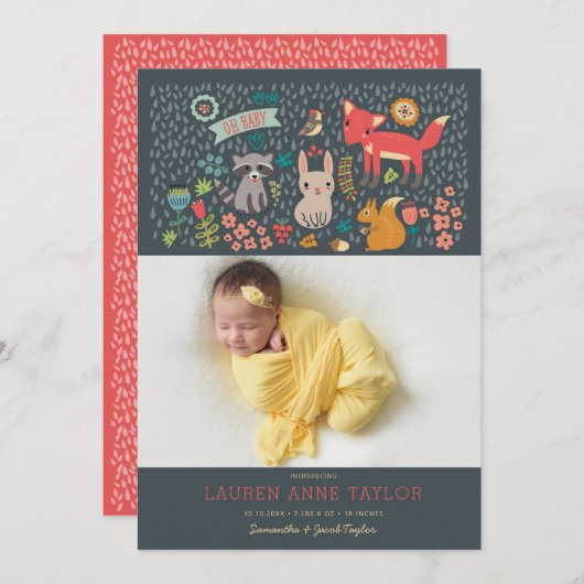 Woodland Animals New Baby Birth Ankündigung (Vorne/Hinten)