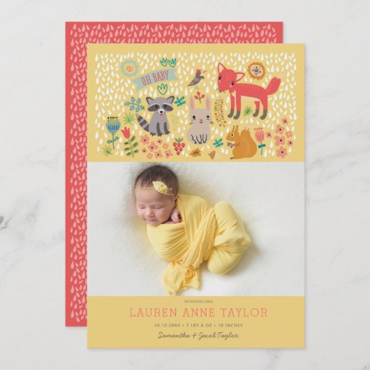 Woodland Animals New Baby Birth Ankündigung (Vorne/Hinten)