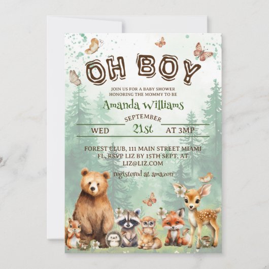 Woodland Animals Oh Boy Boho Babydusche Einladung (Vorderseite)