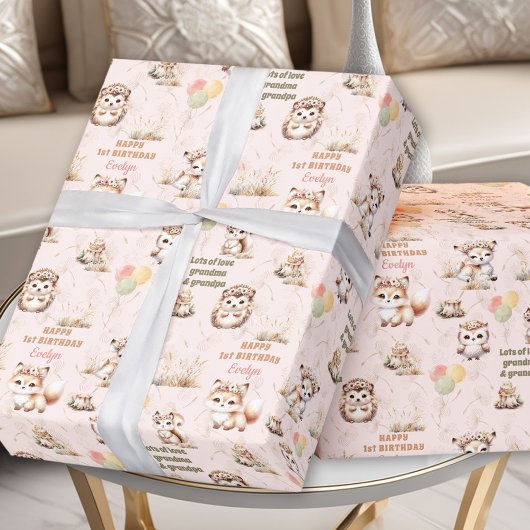 Woodland Animals Pastel Girl Geburtsname Geschenkpapier