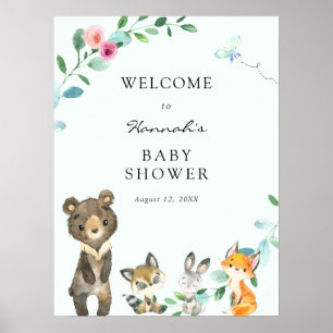 Woodland Animals Pink Baby Dusche Begrüßungszeiche Poster