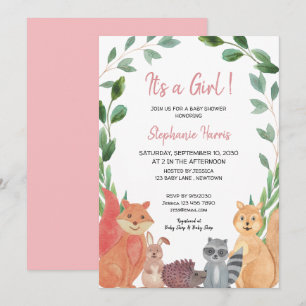 Woodland Animals Pink Baby Girl Baby Dusche Einladung