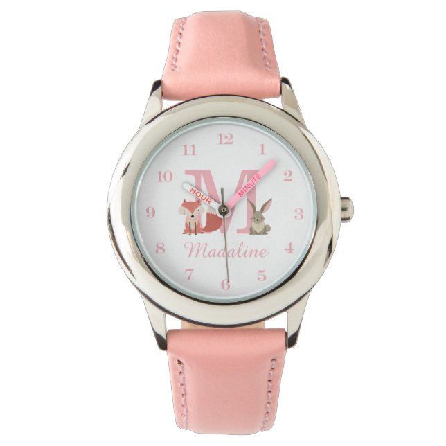 Woodland Animals Pink Baby Girl Initial Monogram Armbanduhr (Vorderseite)