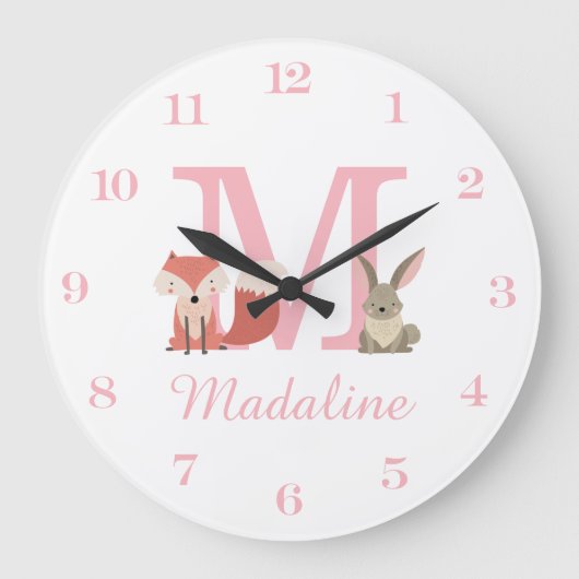 Woodland Animals Pink Baby Girl Initial Monogram Große Wanduhr (Vorderseite)