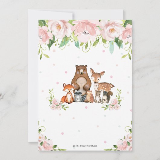 Woodland Animals Pink Floral Girl Babydusche Einladung (Rückseite)