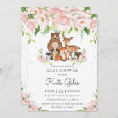 Woodland Animals Pink Floral Girl Babydusche Einladung (Vorne/Hinten)